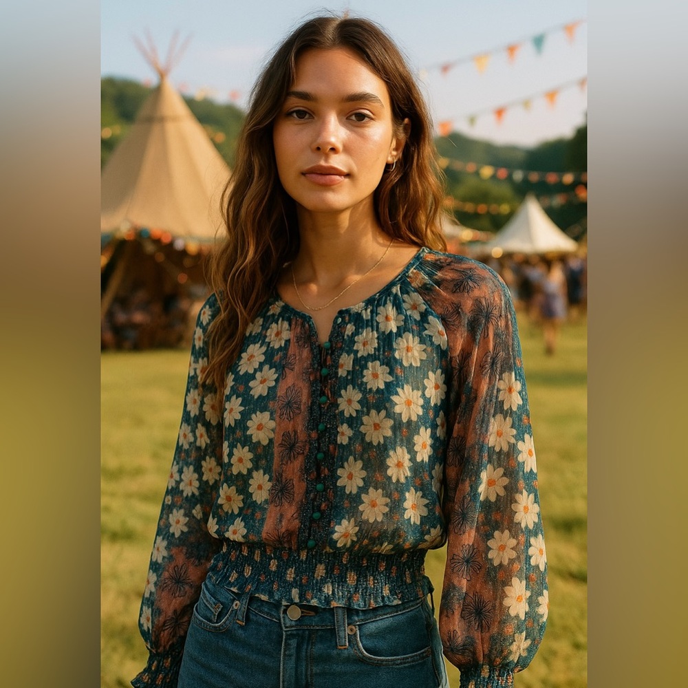 Urban Outfitters Sheer Mixed Floral Metallic Blouse Boho Peasant Festival Top S